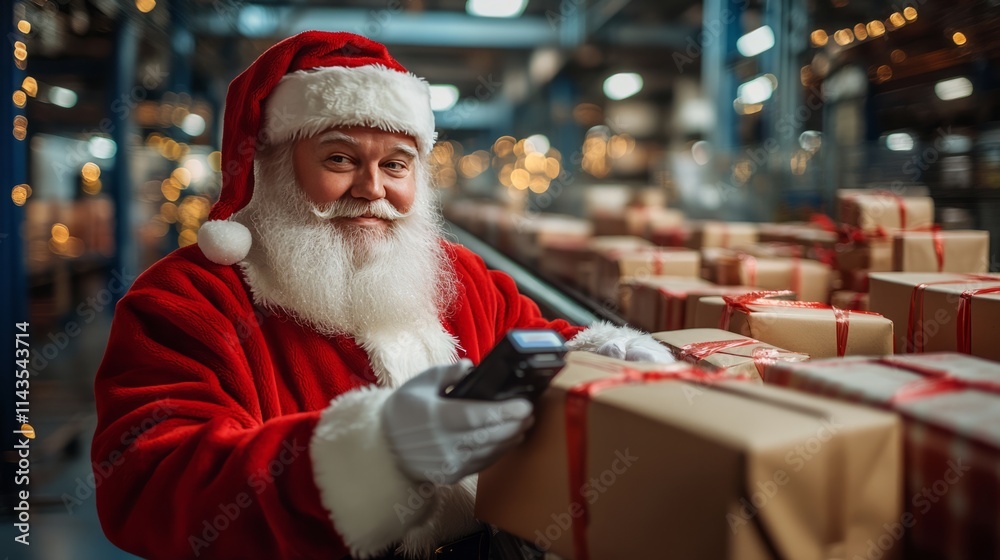 Santa Claus standing at a shipping desk, scanning packages with a barcode scanner, a conveyor belt full of wrapped gifts behind him Santa Claus standing at a shipping desk, scanning packages with a barcode scanner, a conveyor belt full of wrapped gifts behind him