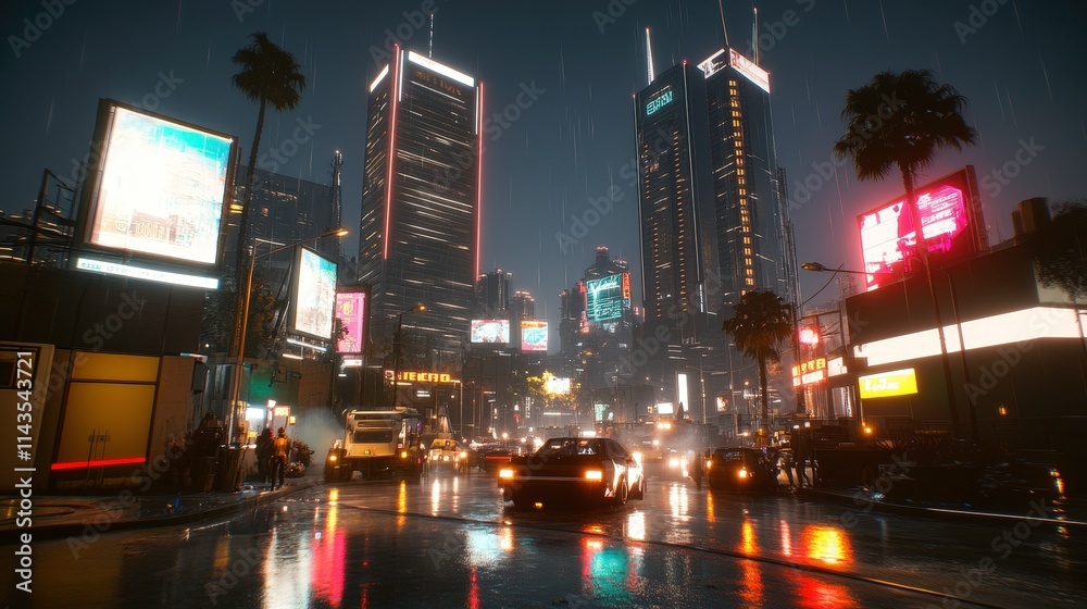 Fototapeta premium A vibrant cityscape at night, illuminated by neon lights and rain, showcasing bustling streets and towering skyscrapers.