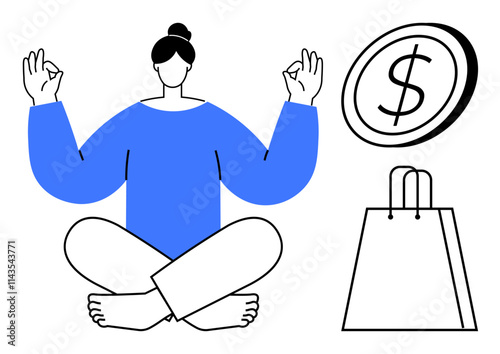 Woman sitting cross-legged in lotus pose, gesturing okay signs. Money symbol and shopping bag beside her. Ideal for finance, wellness, work-life balance, stress relief, mindfulness, budgeting