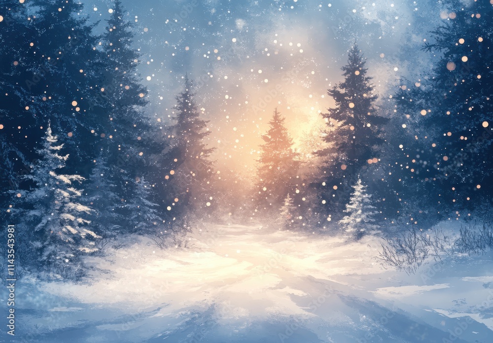 Serene Winter Landscape with Snowfall and Soft Light Shining Through Trees in a Quiet Forest Scene at Dusk Serene Winter Landscape with Snowfall and Soft Light Shining Through Trees in a Quiet Forest Scene at Dusk
