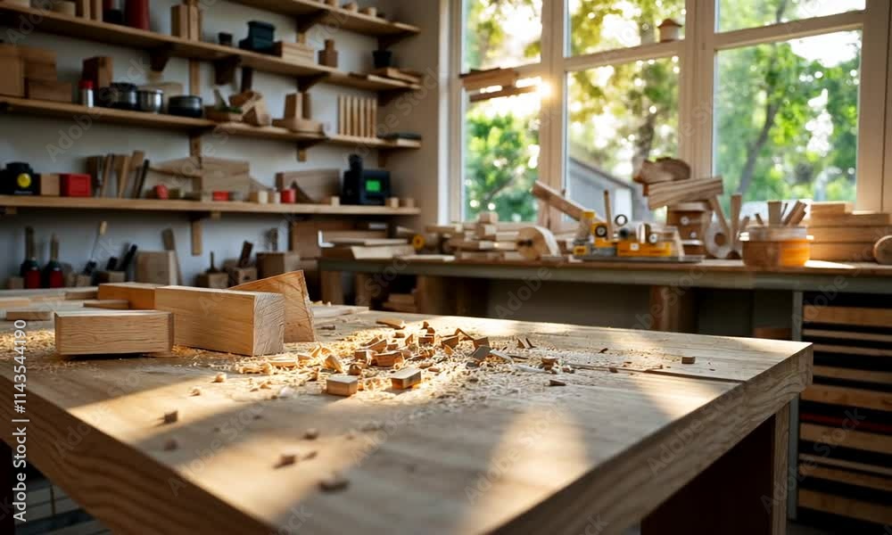 A sunlit woodworking shop with shavings scattered on the table. A sunlit woodworking shop with shavings scattered on the table.