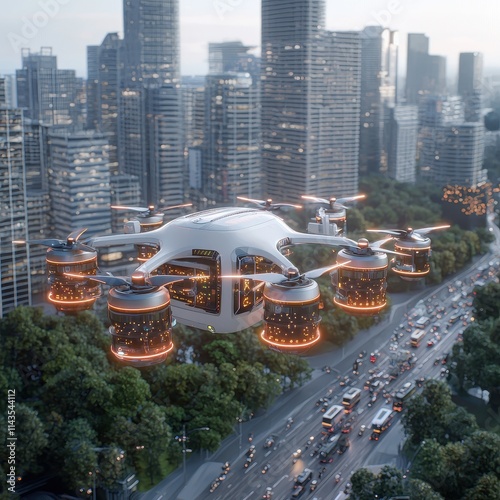 Futuristic Drone Flying Over Cityscape with Skyscrapers and Traffic