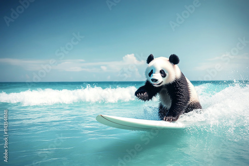 Cute panda surfing in the turquoise sea photo