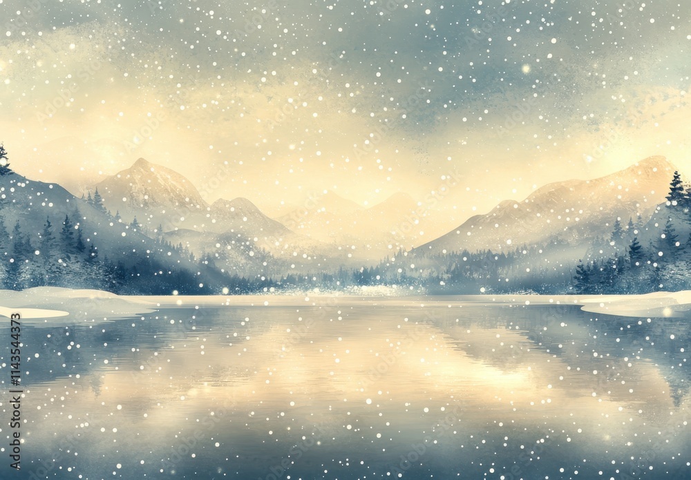 Serene Winter Landscape with Snowy Mountains, Reflective Lake, and Glistening Snowflakes Under Soft Pastel Skies in a Peaceful Natural Setting Serene Winter Landscape with Snowy Mountains, Reflective Lake, and Glistening Snowflakes Under Soft Pastel Skies in a Peaceful Natural Setting