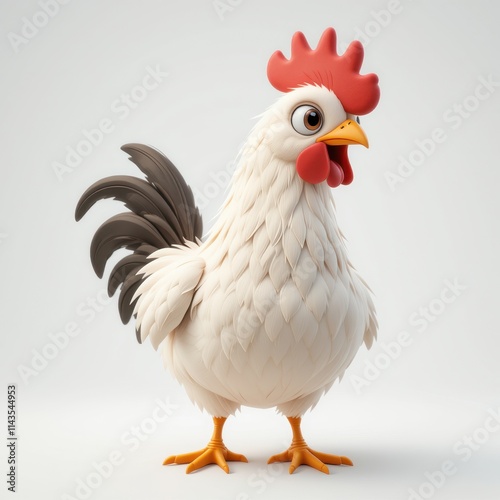 Realistic 3D rooster standing. Isolated on white background. Perfect for farm, animal, and poultry-related designs.
