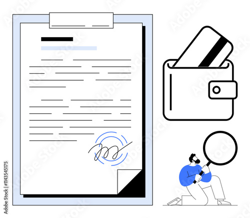 Document with signature on clipboard, wallet with credit card, person with magnifying glass. Ideal for finance, legal, e-commerce, business, contracts security digital verification. Line metaphor