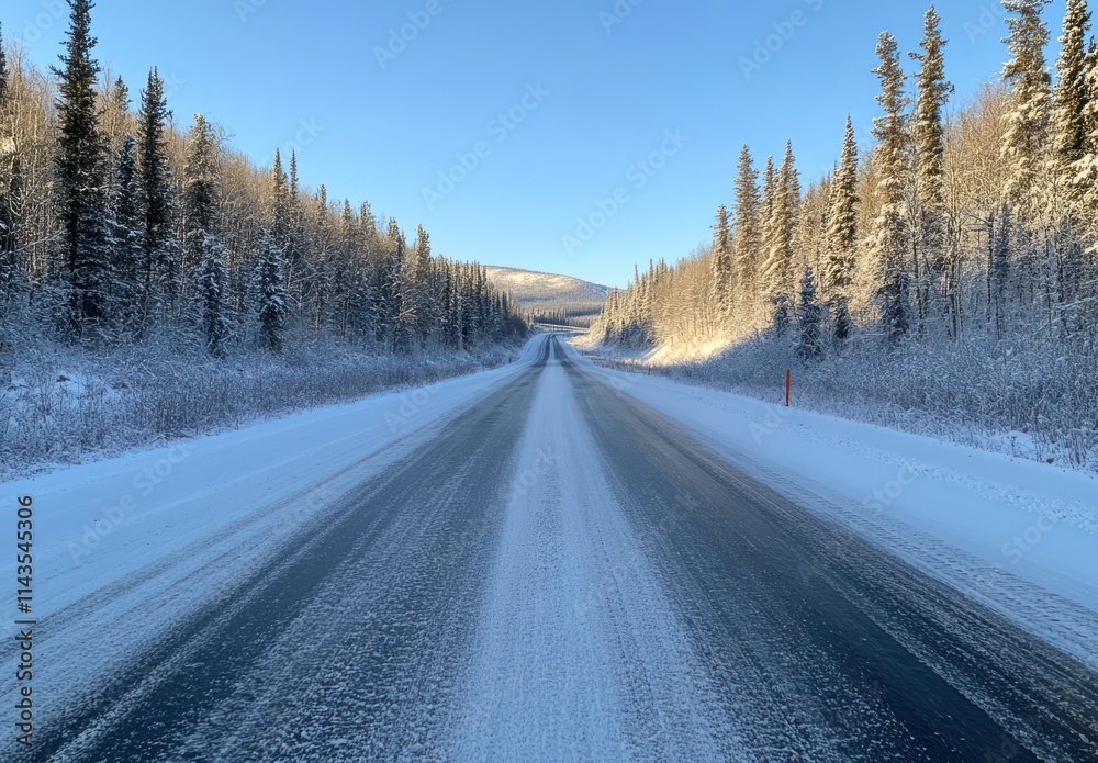 Serene Winter Road Surrounded by Snow-Covered Trees and Frosty Landscape, Capturing the Tranquility of a Remote Highway in a Beautiful Winter Wonderland Serene Winter Road Surrounded by Snow-Covered Trees and Frosty Landscape, Capturing the Tranquility of a Remote Highway in a Beautiful Winter Wonderland