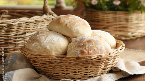 Bread dough proofing in a basket, gentle light, slight rise showing, cozy bakery setting, warm natural tones, artisanal feel photo