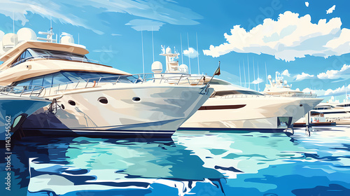 Luxury yachts at a marina for a boat show , luxury, yachts, marina, boats, water, nautical, event, showcase, harbor. Harbor. Illustration