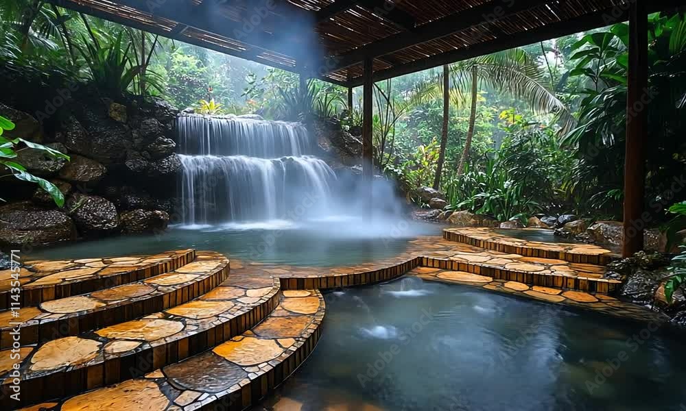 Serene waterfall and pool in a lush tropical setting.