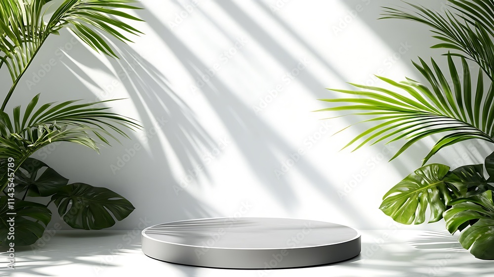 Round platform mock-up photo, wide shot, brightly lit with palm leaf shadows. AI Generated Round platform mock-up photo, wide shot, brightly lit with palm leaf shadows. AI Generated