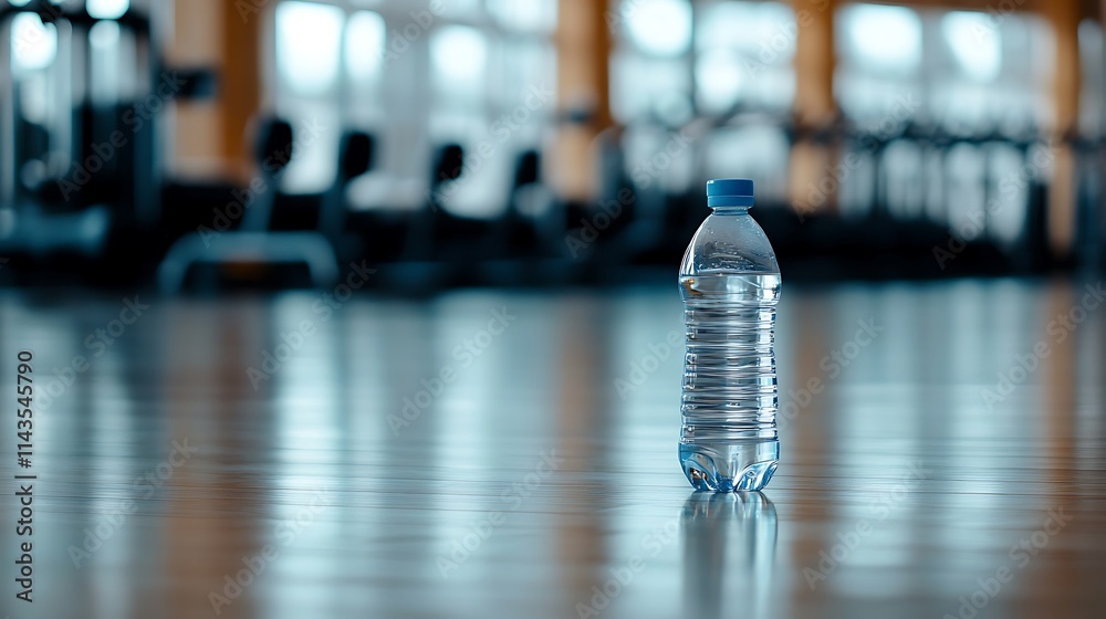 Water bottle shines brightly at gym floor wide shot photo. AI Generated Water bottle shines brightly at gym floor wide shot photo. AI Generated