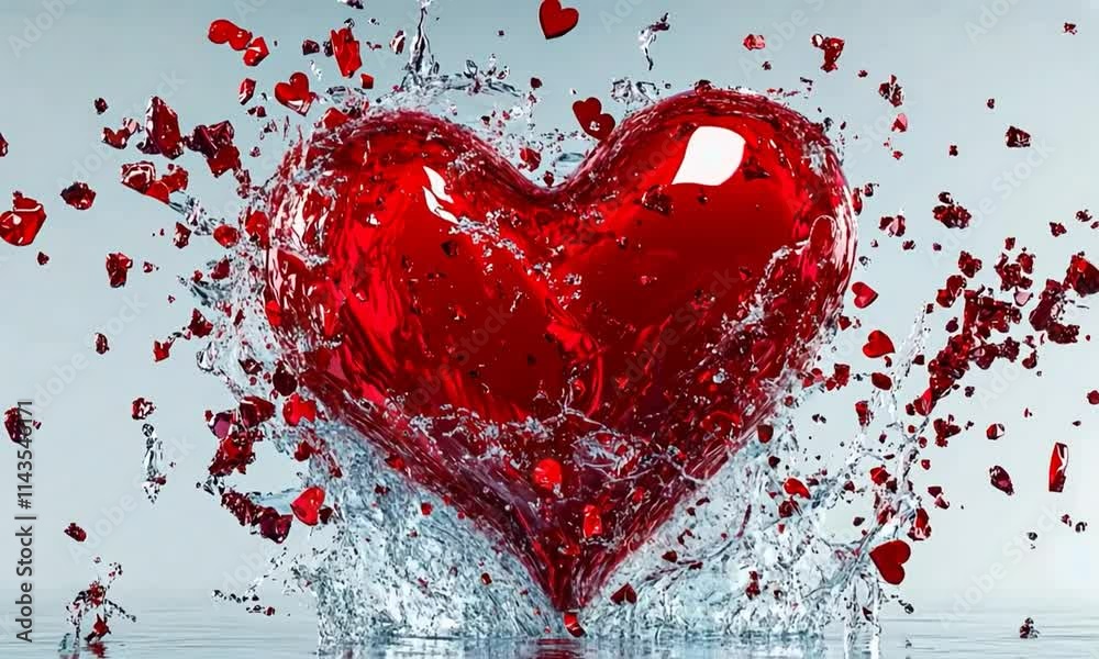 Red crystal heart breaking on white background