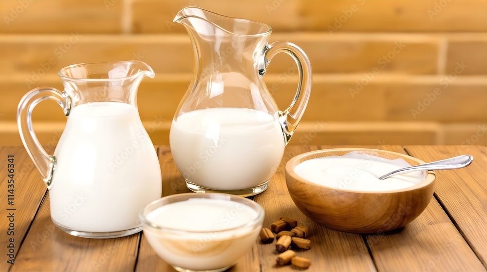 Glass Pitchers of Milk, Wooden Bowl of Yogurt, and Small Bowls of Yogurt on Wooden Table Against Brick Background Glass Pitchers of Milk, Wooden Bowl of Yogurt, and Small Bowls of Yogurt on Wooden Table Against Brick Background