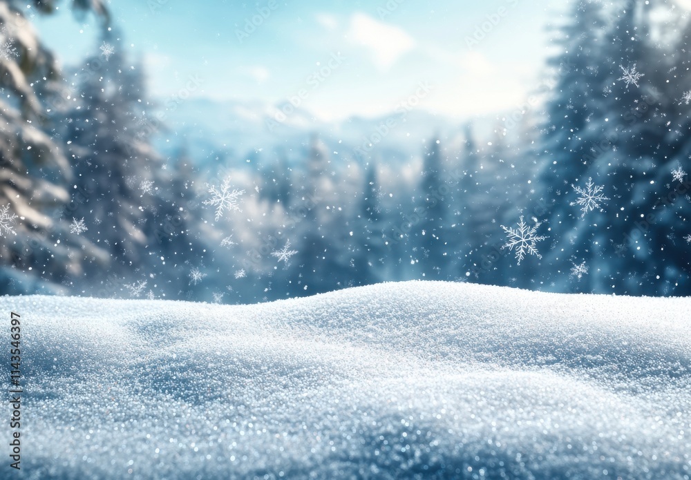 Serene Winter Wonderland with Gentle Snowfall, Sparkling Snow Cover, and Frosted Evergreen Trees Under a Clear Blue Sky Surrounded by Majestic Snow-Capped Mountains Serene Winter Wonderland with Gentle Snowfall, Sparkling Snow Cover, and Frosted Evergreen Trees Under a Clear Blue Sky Surrounded by Majestic Snow-Capped Mountains