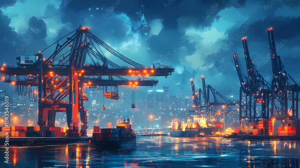 Seaport scene at night, featuring large cranes and cargo containers. Harbor. Illustration Seaport scene at night, featuring large cranes and cargo containers. Harbor. Illustration