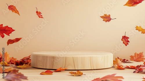 Fototapeta Naklejka Na Ścianę i Meble -  Empty wooden podium with autumn leaves on beige background suitable for fall inspired product presentation
