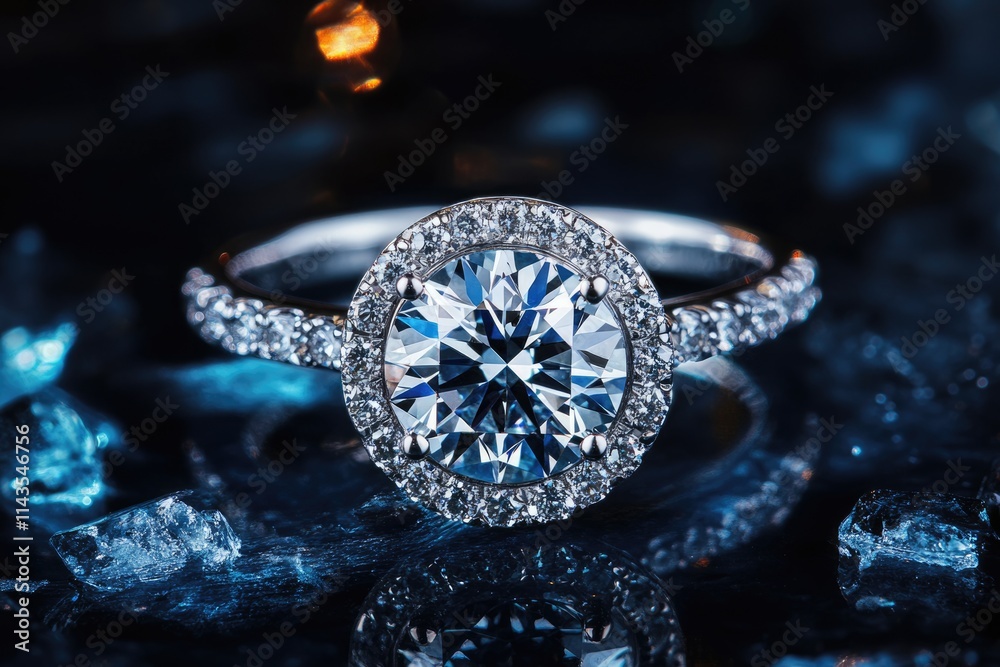 Fototapeta premium Stunning Large Gemstone Accessory. Elegant Diamond Ring With Brilliant Sparkle Against Isolated Background