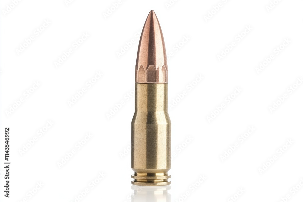 Closeup of a Standalone 9mm Shell on a Clear White Surface Closeup of a Standalone 9mm Shell on a Clear White Surface