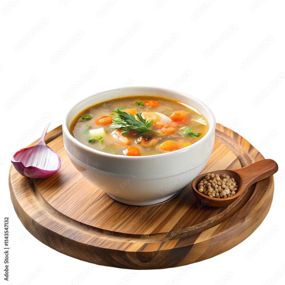 Creamy Vegetable Soup in a White Bowl on a Wooden Platter Creamy Vegetable Soup in a White Bowl on a Wooden Platter