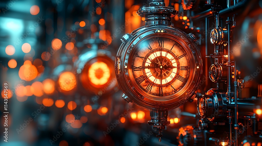 Steampunk Clockwork Mechanism Glowing Orange Lights Steampunk Clockwork Mechanism Glowing Orange Lights