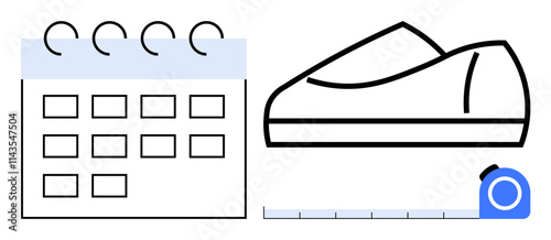 Calendar with spiral binding, loafer shoe, and measuring tape. Ideal for fashion design, project management, time management, event planning, product development, retail scheduling, and footwear