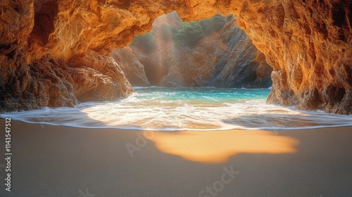 Zoom Virtual Background: Scenic view of a beach through a rocky cave with turquoise water. Sunshine Wallpaper