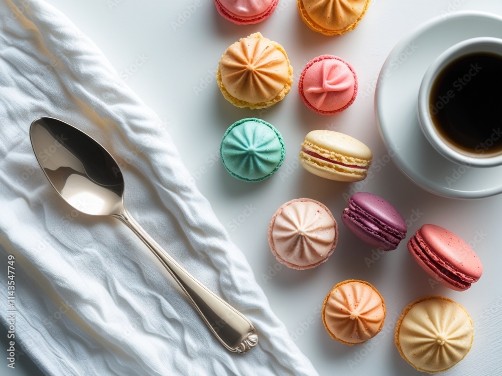 Top view of dessert spoon and cotton towel placed near cup of fresh coffee and colorful macaroons Top view of dessert spoon and cotton towel placed near cup of fresh coffee and colorful macaroons