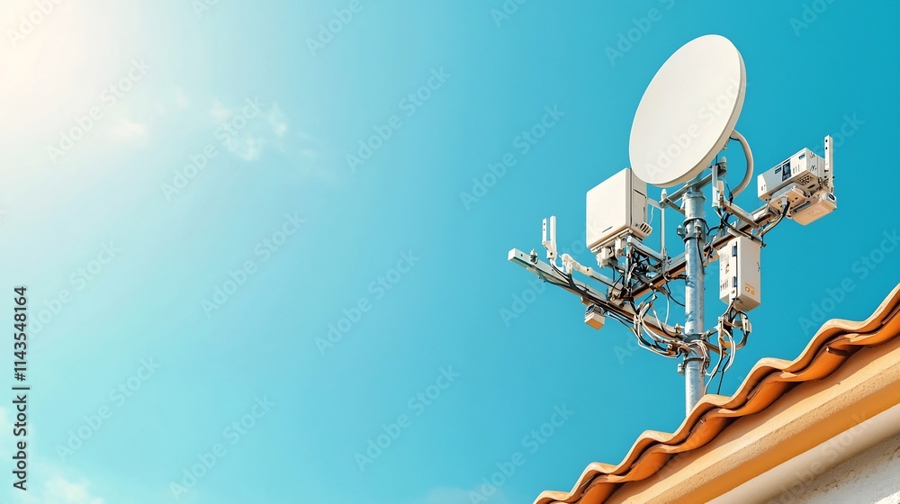 Close up view of a wireless networking antenna mounted on a rooftop standing against a clear blue sky with ample copy space available The device represents modern communication technology Close up view of a wireless networking antenna mounted on a rooftop standing against a clear blue sky with ample copy space available The device represents modern communication technology