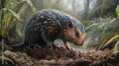 Mud-covered rodent in prehistoric forest.