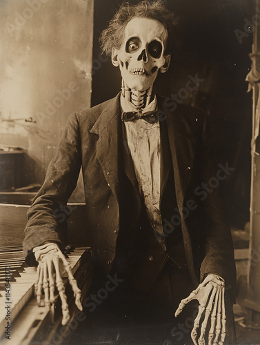 Haunting pianist with skeletal hands and a hollow stare