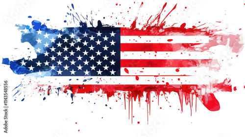 an abstract watercolor painting of the american flag with red. white. and blue splatters and drips