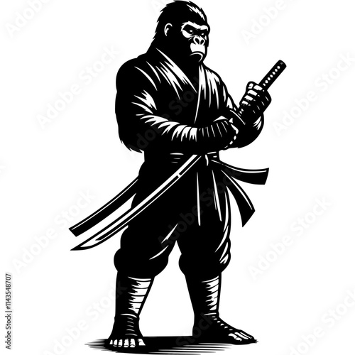 Ninja fighter gorilla armed with katana sword in fighting stance in monochrome. Wild baboon animal warrior. Tattoo minimalistic vector in black ink drawing on transparent background