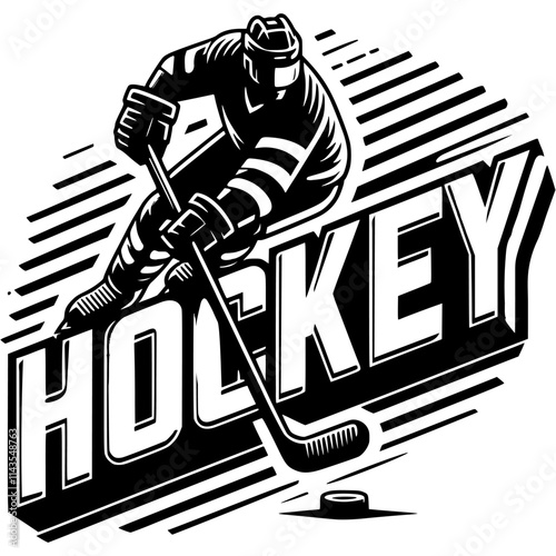 Athletes protective equipment with stick and puck against background of volumetric inscription hockey in monochrome. Simple minimalistic vector in black ink drawing on transparent background