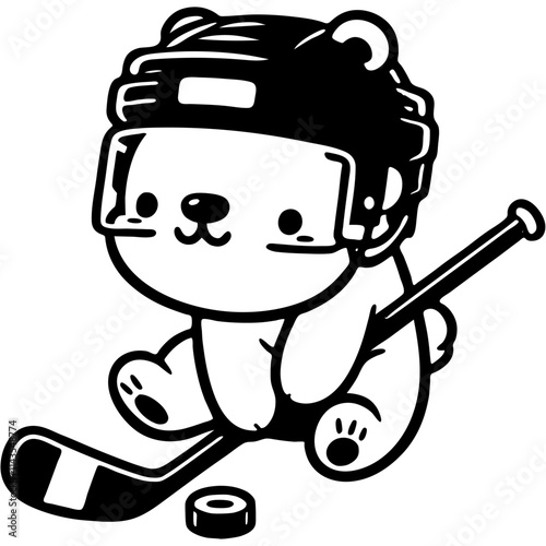 Baby polar bear hockey player sits uncertainly on ice with stick and puck in monochrome. Simple minimalistic vector in black ink drawing on transparent background