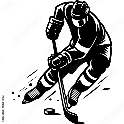 Hockey player maneuvers on ice rink, feints with stick and puck in monochrome. Simple minimalistic vector in black ink drawing on transparent background