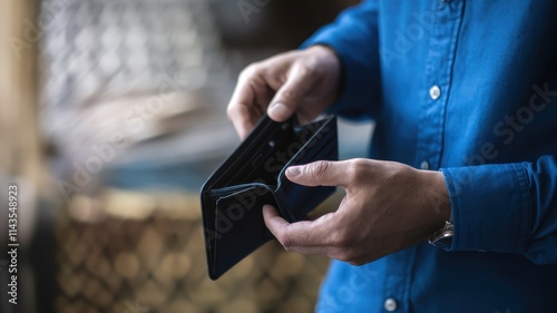 Man displays an empty wallet showing financial hardship