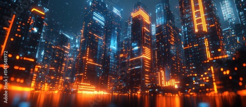 Futuristic city skyline with glowing orange and blue lights.