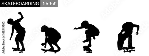 skateboarder vector silhouette illustration, skateboard black design set.