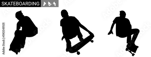 male skateboarder vector silhouette illustration, skateboard black vector set.