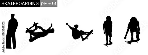 male skateboarder vector silhouette illustration, skateboard black vector set.