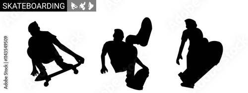 skateboarder vector silhouette illustration, skateboard black design set.