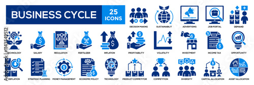 Business cycle icons set. Contains inflation, profitability, money management, strategic planning, volatility icons. 