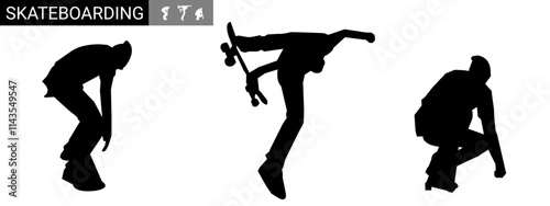 male skateboarder vector silhouette illustration, skateboard black vector set.