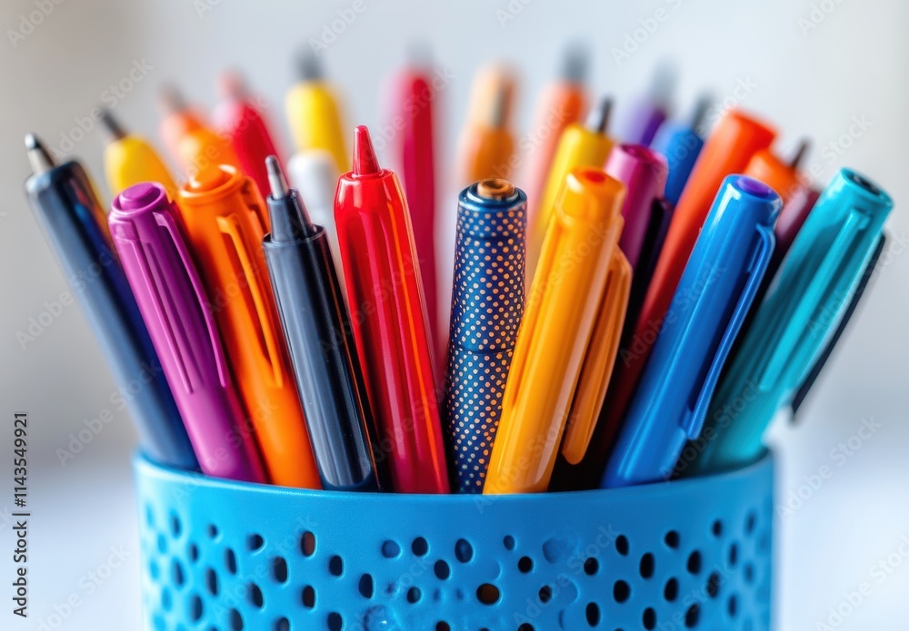 Vibrant Collection of Assorted Pens in a Blue Container Capturing the Essence of Creativity and Organization for Office or School Supplies Vibrant Collection of Assorted Pens in a Blue Container Capturing the Essence of Creativity and Organization for Office or School Supplies