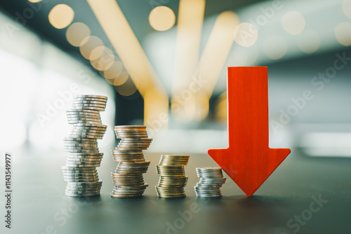 Foto Down arrow with coin stack