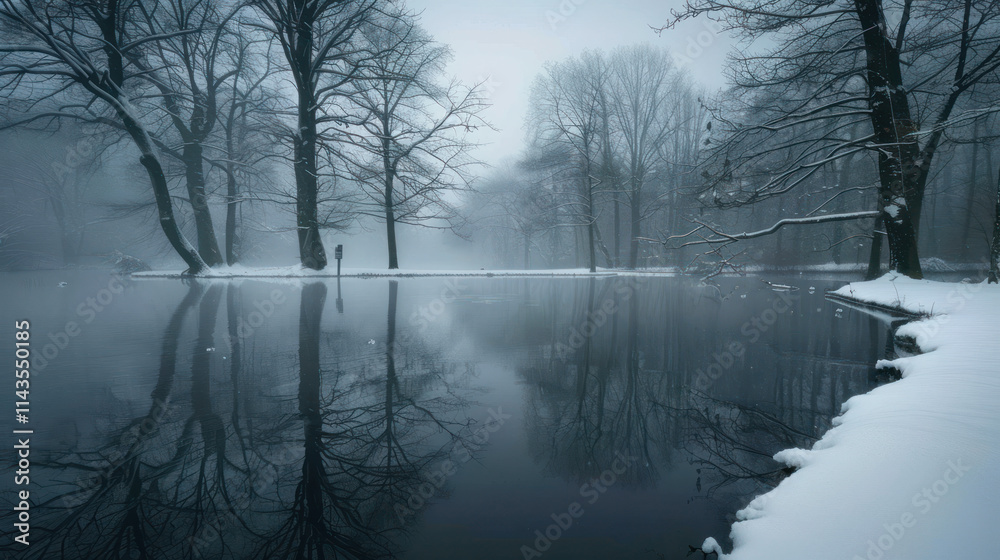 Dark, foggy winter lake surrounded by snow-covered trees, creating a tranquil, haunting ambiance Dark, foggy winter lake surrounded by snow-covered trees, creating a tranquil, haunting ambiance