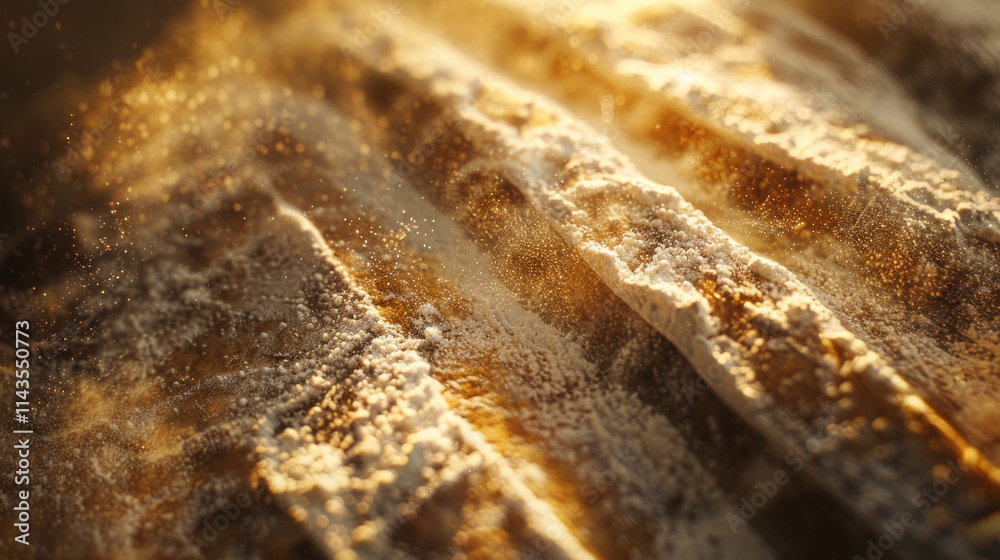 Detailed close-up of scored bread, flour-dusted with artistic lines, warm light, rustic backdrop Detailed close-up of scored bread, flour-dusted with artistic lines, warm light, rustic backdrop