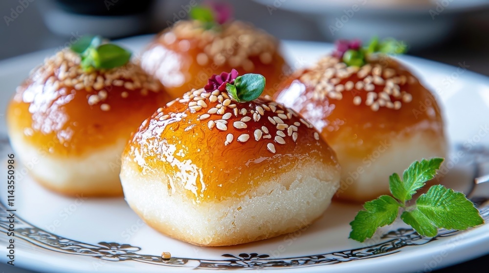 Closeup of freshly baked homemade sweet or savory buns or rolls with a delicious filling and topped with sesame seeds beautifully presented on a plate or serving dish Closeup of freshly baked homemade sweet or savory buns or rolls with a delicious filling and topped with sesame seeds beautifully presented on a plate or serving dish