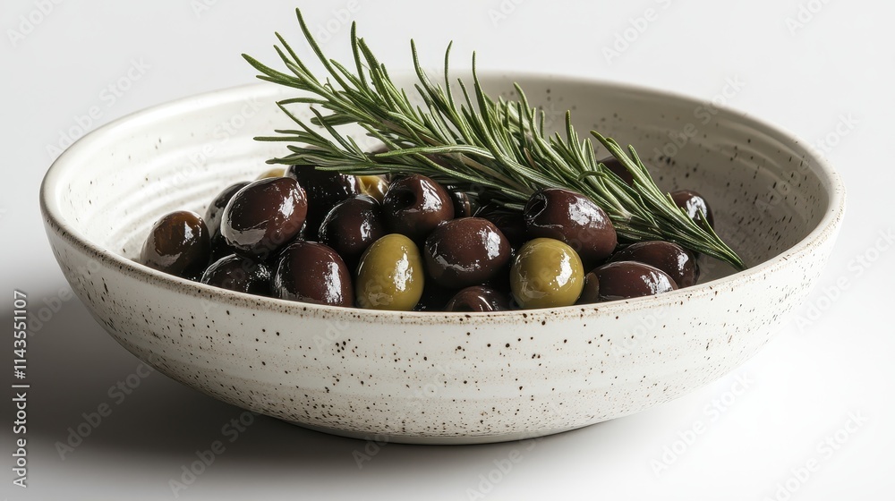 A white bowl filled with olives and rosemary sprigs, perfect for serving as an appetizer or centerpiece A white bowl filled with olives and rosemary sprigs, perfect for serving as an appetizer or centerpiece